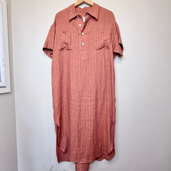 Caron Callahan | Striped Linen Henley Relaxed Midi Shirt Dress - Picture 7 of 16